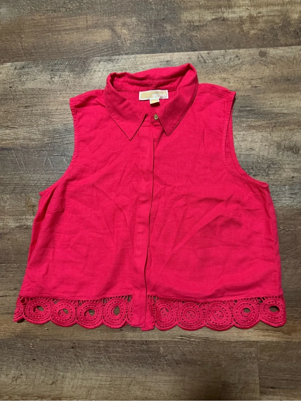 Michael Kors Sleeveless Button-Down Top in Hot Pink with Crochet Hem